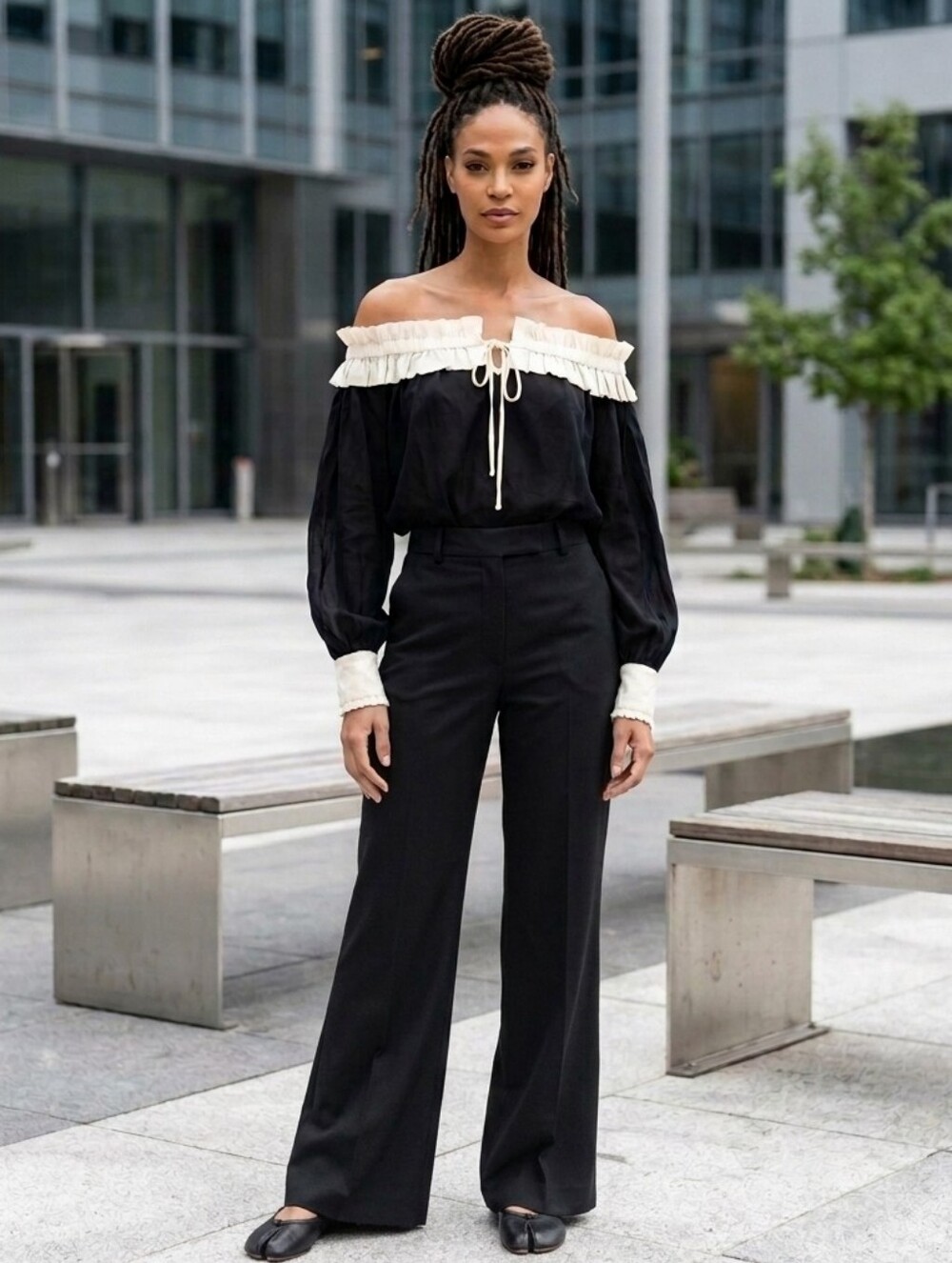 ANC | Off-shoulder Blouse with Pleated Details and Cuffs